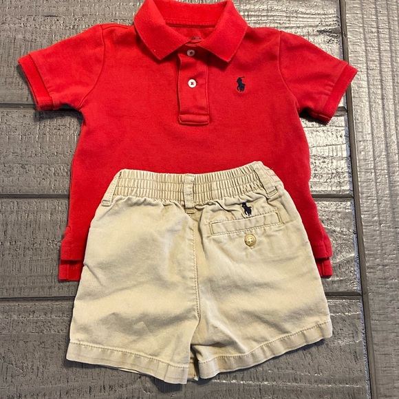 Ralph Lauren Red Polo Shirt & Khaki Shorts Set Size 6 month outfit. - Picture 1 of 7